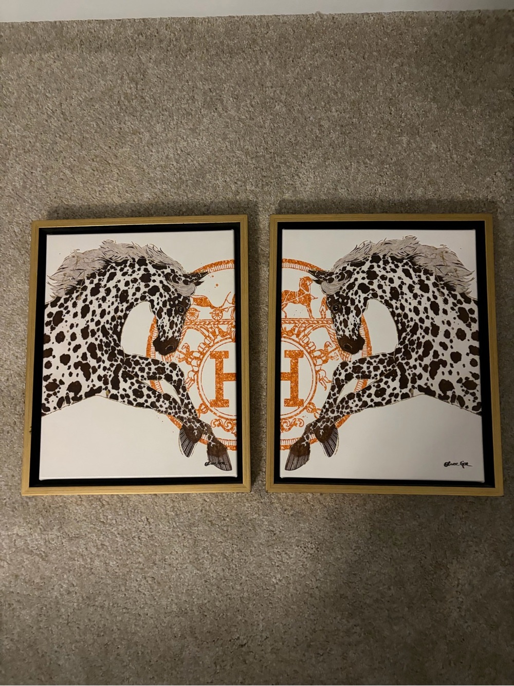 Set of 2 Framed Horse Print Wall Art in Orange, Black and White
